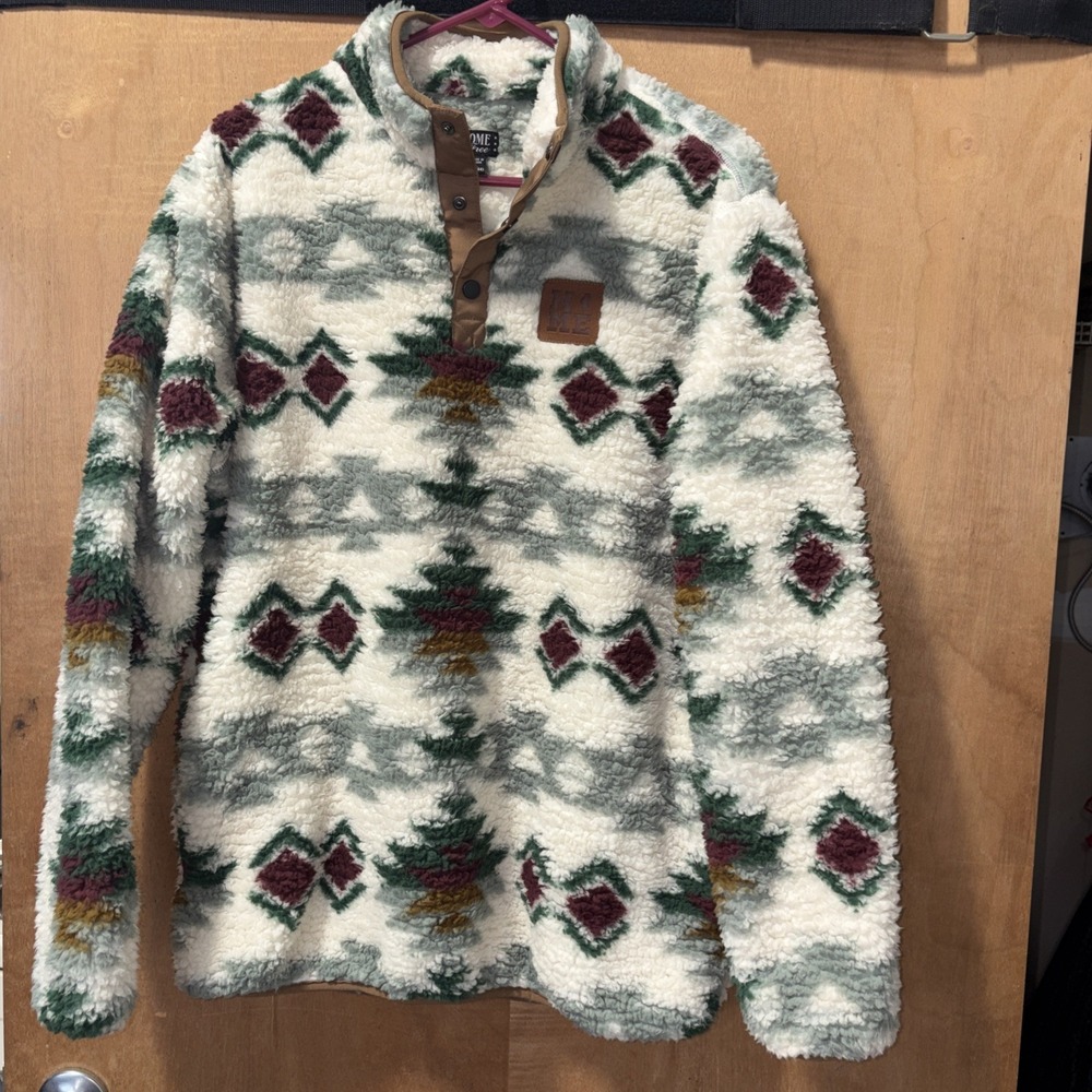 Home Free Aztec Southwestern Sherpa Quarter Snap Fleece Pullover Unisex L Cream